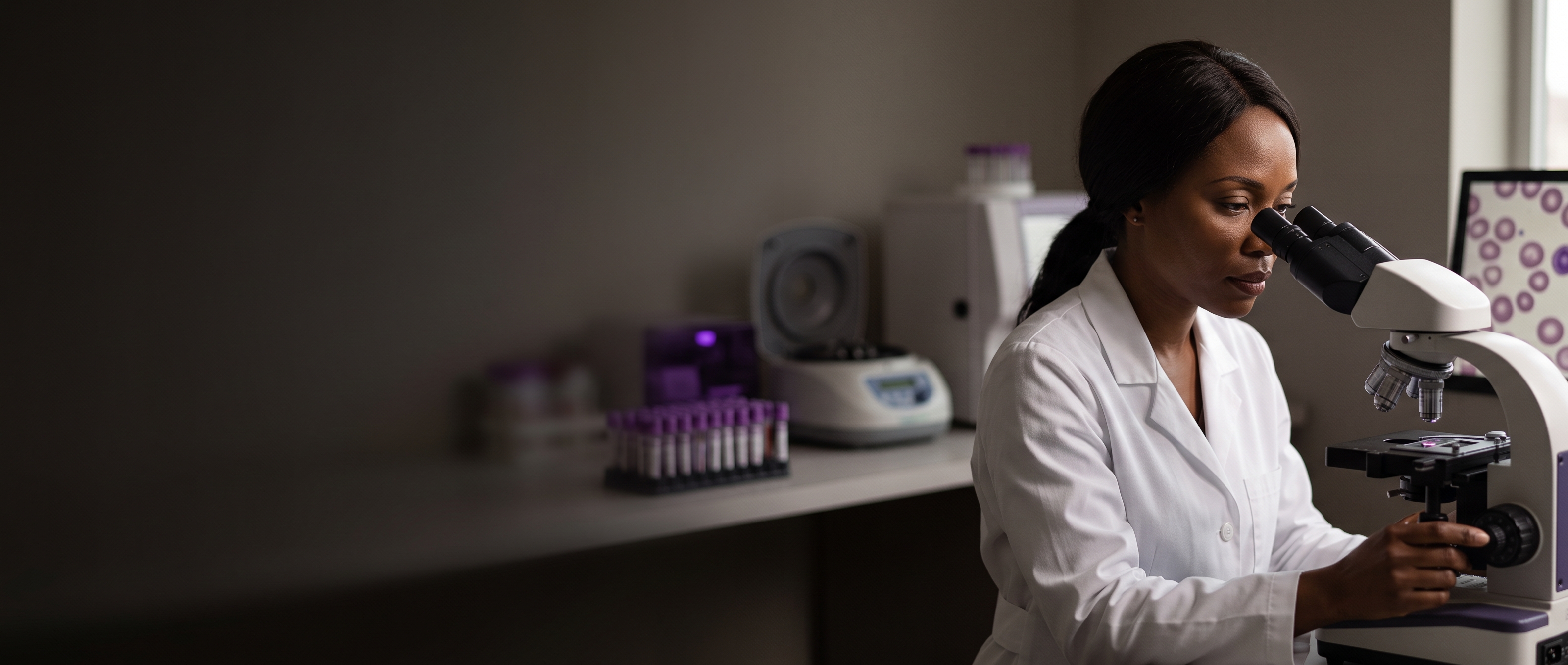 Hematologista analisando lâminas de sangue ao microscópio